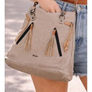 Sherpani Beige Shoulder Bag Tassel Accents Zip Closure Pockets Women